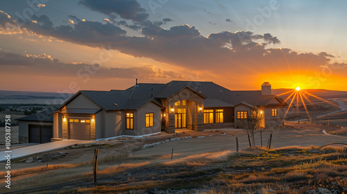 An expansive ranch-style home set in a sprawling landscape at dusk. The house features an open, flowing layout, large windows, 