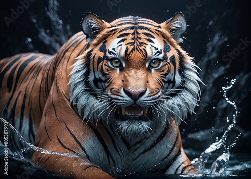 Tiger stepping into water on black background. AI generated images.