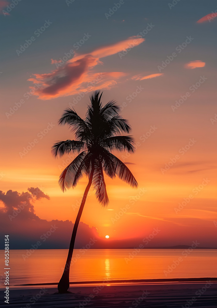 Silhouette of a Lone Palm Tree at Sunset on a Tropical Beach