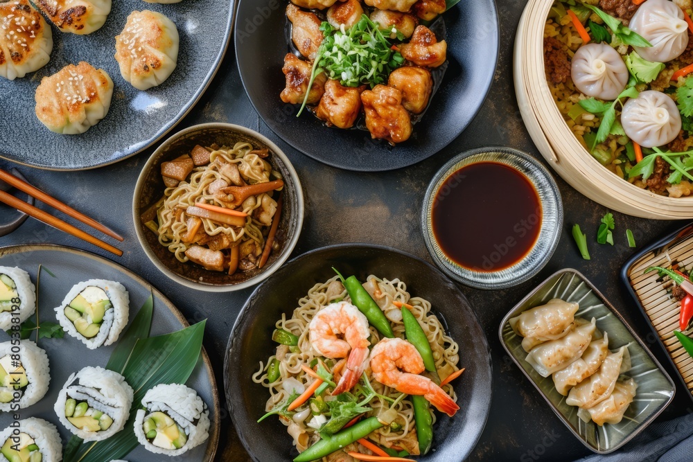 Asian cuisine with meat on a dark background in a restaurant, top view
Asian cuisine with meat on a dark background in a restaurant, top view