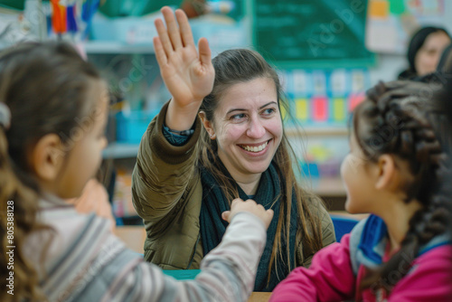 Smiling Teacher Gives High Five to Young Student in Classroom