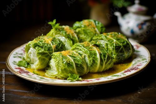 Hearty Stuffed savoy cabbage leaves. Cooking sauce meal roll lunch. Generate Ai