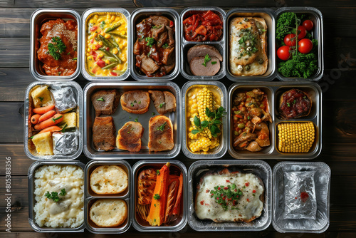 Various types of food in metal containers on a wooden table top view shot of a delicious assortment of dishes