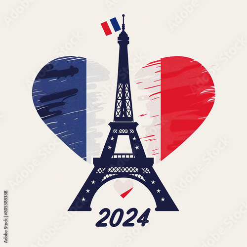 Heart Shape with French Flag and Eiffel Tower for 2024