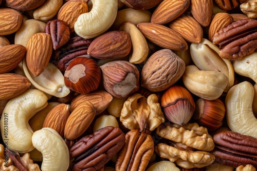 Assorted nuts, cashews, almonds, walnuts, pecans, hazelnuts, close up top view 