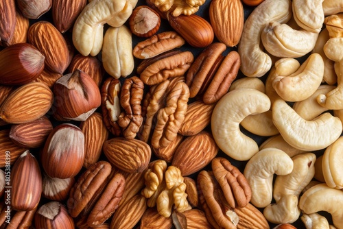 Assorted nuts, cashews, almonds, walnuts, pecans, hazelnuts, close up top view
