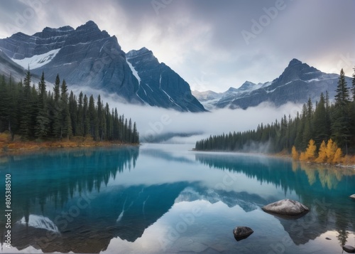 Scenery of calm lake and distant mountains at sunset. AI generated images. © freebreath