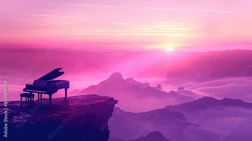 Obraz premium Calming and rhythms vibes a grand piano on top of the cliff and sunset in the mountains in pale purple pink foggy sky background..