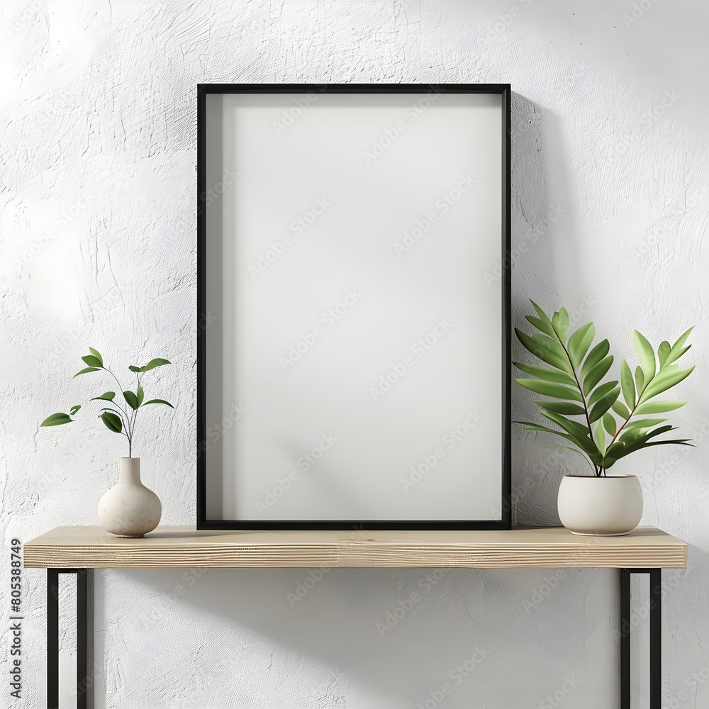 Mockup of a Picture Frame on a Wooden Shelf with Potted Plants on a White Wall Mockup of a Picture Frame on a Wooden Shelf with Potted Plants on a White Wall