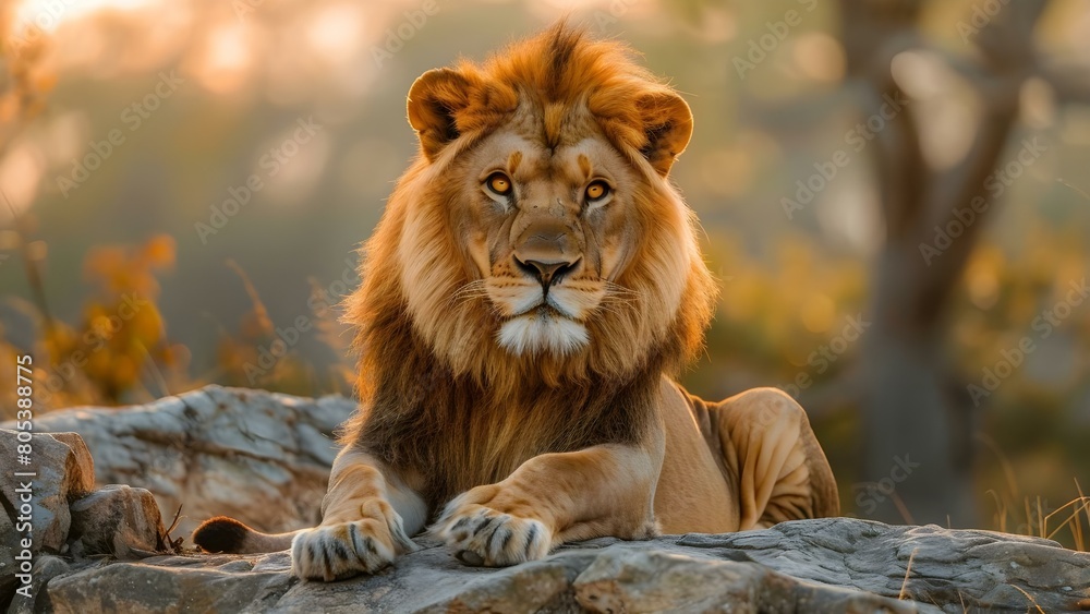 Obraz premium Majestic lion with golden fur sharp claws and fierce eyes on rock at sunrise. Concept Wildlife Photography, Majestic Lion, Golden Fur, Sharp Claws, Fierce Eyes, Sunrise Shot