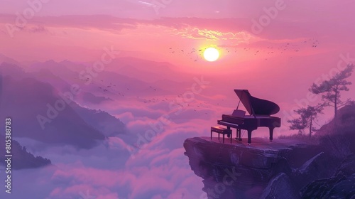 Calming and rhythms vibes a grand piano on top of the cliff and sunset in the mountains in pale purple pink foggy sky background.. photo