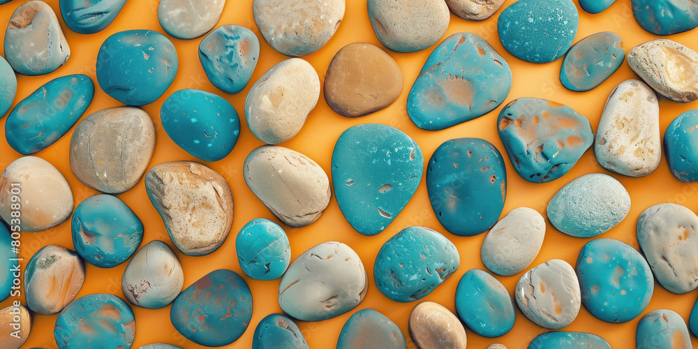 Turquoise and yellow color contrast with pebbles on a vibrant background, creating a peaceful and harmonious composition Turquoise and yellow color contrast with pebbles on a vibrant background, creating a peaceful and harmonious composition