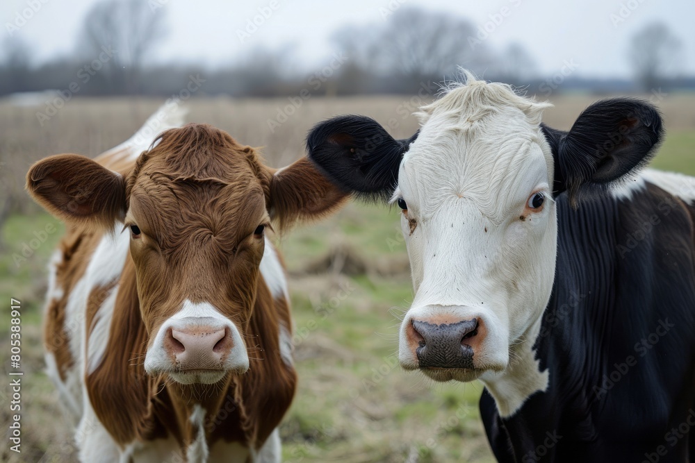 Funny close-up portrait of two cows on a wide-angle camera