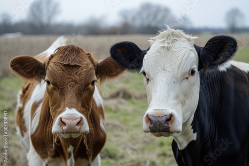 Funny close-up portrait of two cows on a wide-angle camera © Tatiana