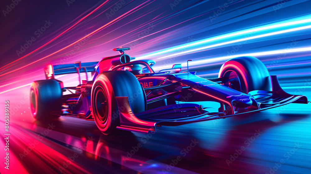 Futuristic Red Formula One Car Speeding with Vibrant Red Light Trails Futuristic Red Formula One Car Speeding with Vibrant Red Light Trails