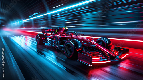 Futuristic Red Formula One Car Speeding with Vibrant Red Light Trails