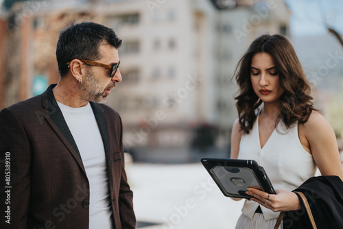 Two business professionals engaged in a collaborative discussion over a digital tablet in an urban outdoor area. © qunica.com