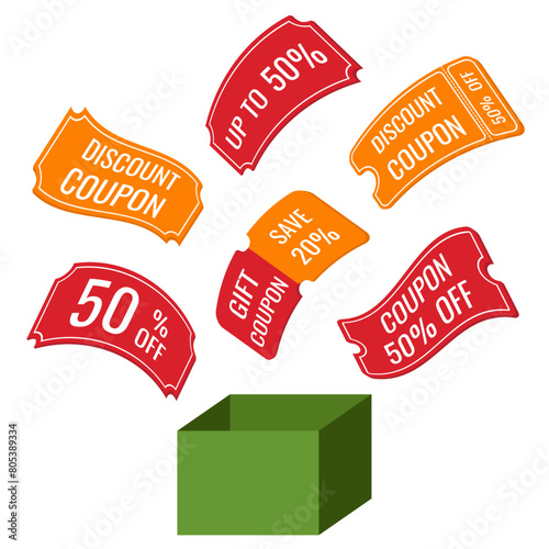 Green box with red and orange discount coupons 3D, vector. Gift coupon, label and tag with discount percentage.