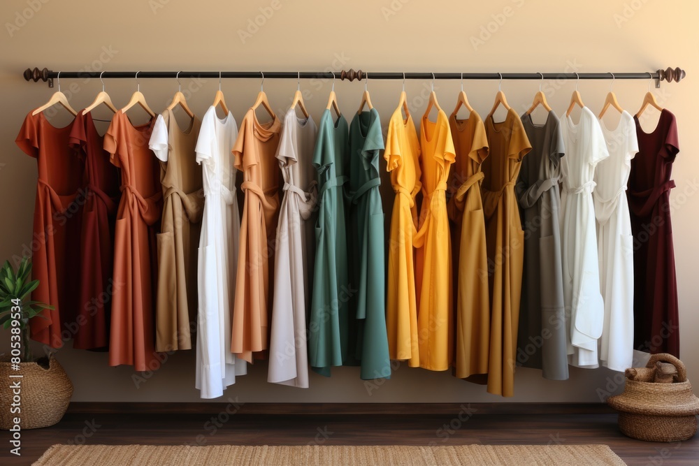 Woman clothes hanging wooden hanger on wall