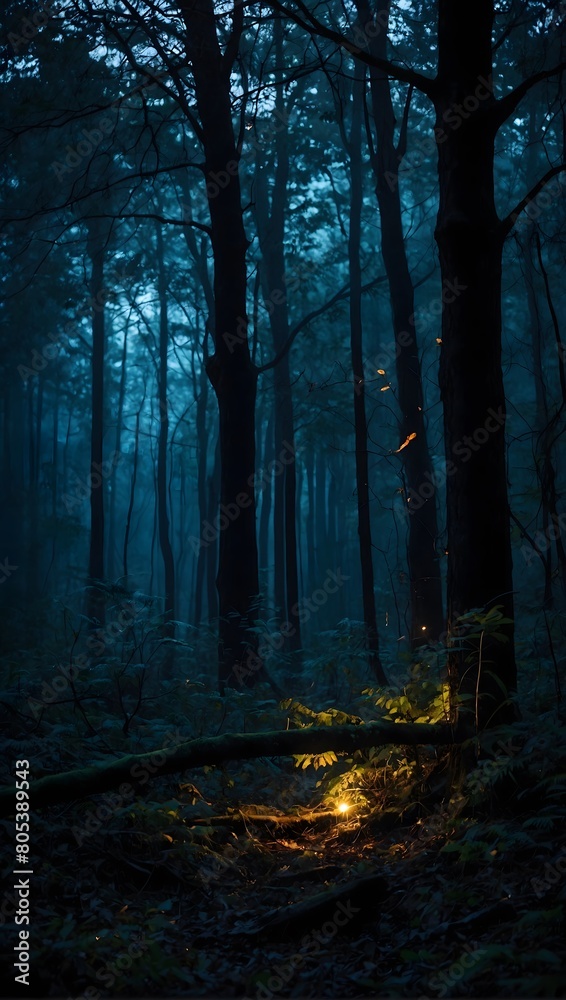 Mystical Woods, Gloomy Fantasy Forest Scene Enveloped in Darkness, Illuminated by Eerie Glowing Lights.