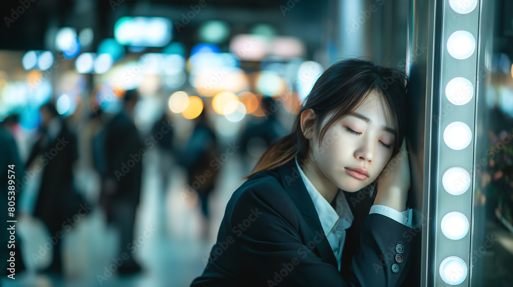 Exhausted Japanese businesswoman in suit slumps against a pillar at a crowded train station Exhausted Japanese businesswoman in suit slumps against a pillar at a crowded train station