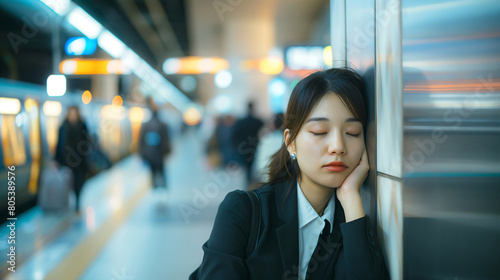 Exhausted  Japanese businesswoman in suit slumps against a pillar at a crowded train station photo