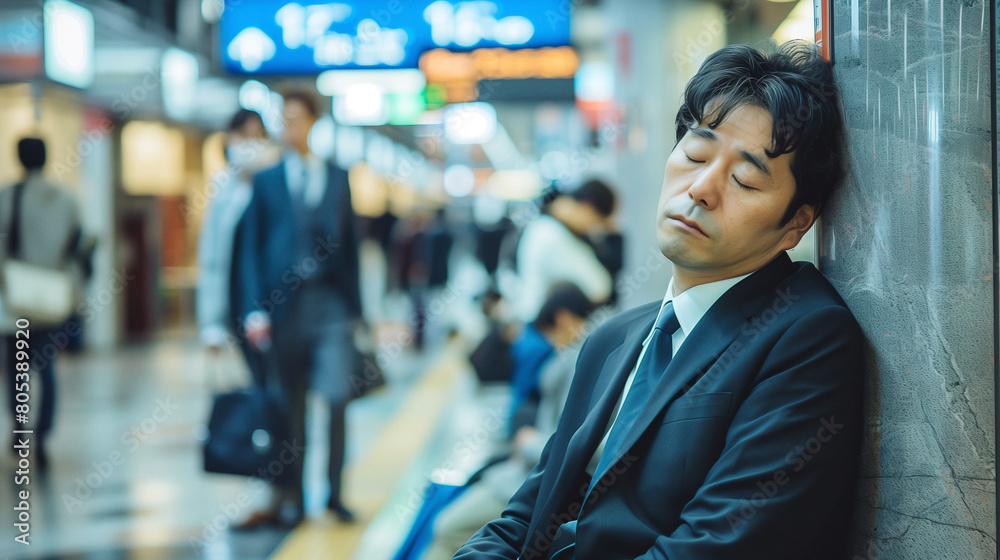 Exhausted  Japanese businessman in a suit slumps against a pillar at a crowded train station