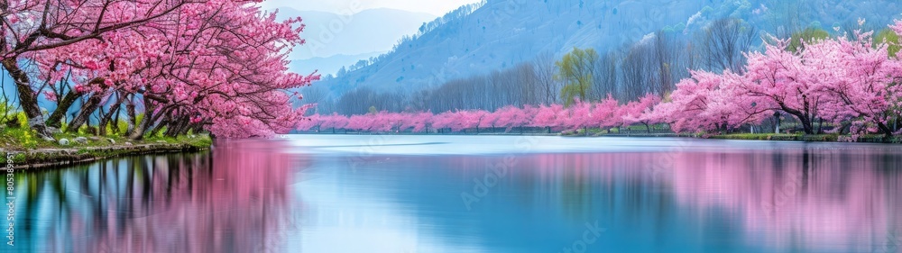 Cherry blossoms lining a tranquil riverbank, their soft pink petals reflecting in the calm waters below Cherry blossoms lining a tranquil riverbank, their soft pink petals reflecting in the calm waters below