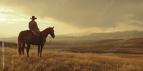 Wild West concept. Full length portrait of a cowboy riding his bay horse. Vast view to prairie with mountains. Evening time. Text space. Cinematic retro, vintage style.  Outdoor shot