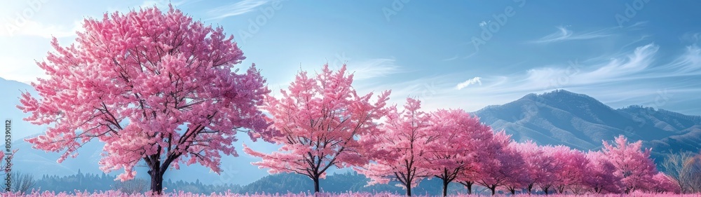 A stunning panorama capturing rows of cherry trees in bloom, creating a sea of pink flowers beneath a clear blue sky A stunning panorama capturing rows of cherry trees in bloom, creating a sea of pink flowers beneath a clear blue sky