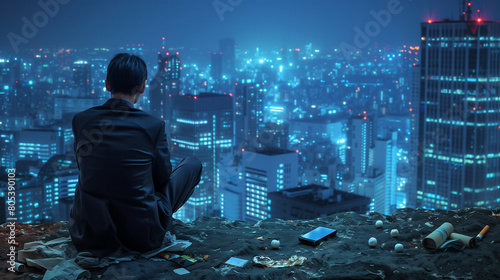 Depressed young Japanese businesswoman in a rumpled suit sits alone on the edge of a high cliff overlooking the sprawling Tokyo cityscape at night photo