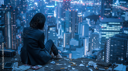 Depressed young Japanese businesswoman in a rumpled suit sits alone on the edge of a high cliff overlooking the sprawling Tokyo cityscape at night photo