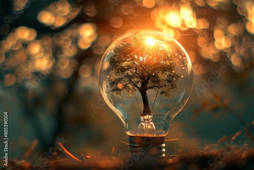 Young green tree in the middle of a light bulb, environmental protection and eco system