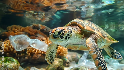 Turtle swimming near plastic bag underscores the battle against ocean pollution. Concept Ocean Pollution  Plastic Waste  Marine Life  Environmental Conservation  Wildlife Protection