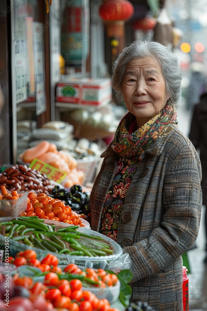 Asian elder senior woman customer shopping for vegetables grocery in asian market