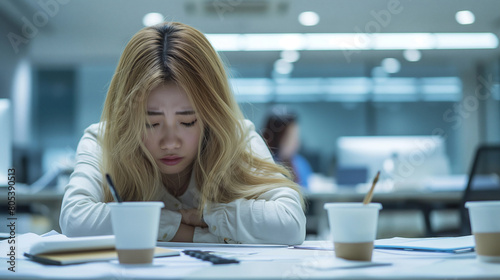 Depressed,Upset,Busy Asian woman  hunched over a desk with some design tools, photo