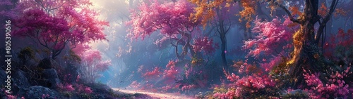 A dreamy landscape featuring a canopy of cherry blossoms in a magical forest