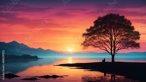 Vector Evening Silhouette Beautiful Colorful Scenery Landscape Illustration Fine Art Background (1)