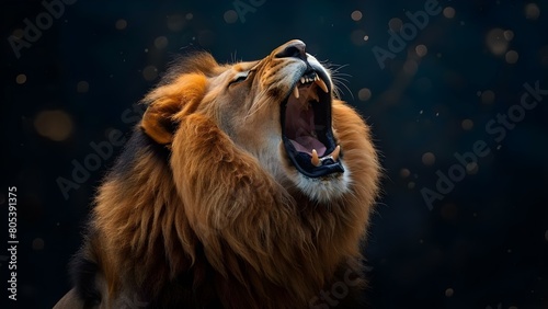 Majestic male lion with open mouth roaring against a dark background. Concept Wildlife Photography  Majestic Animals  Roaring Lion  Dark Background  Powerful Creatures