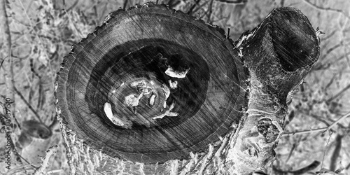 Close-up of a cut tree trunk, black and white photo photo