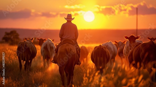A man walks cows on a farm, looks after a pasture against the background of sunset