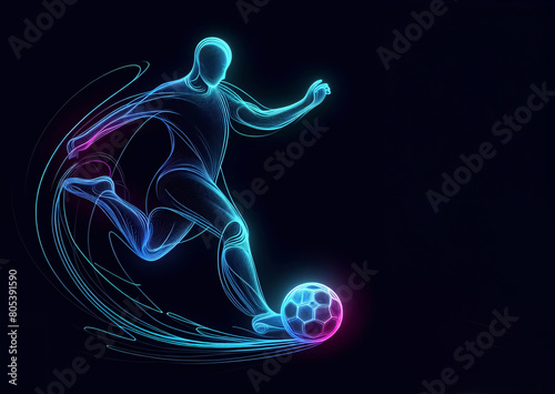 Ein Fußball Spieler schiesst einen Ball, Neon Figur, , copy space