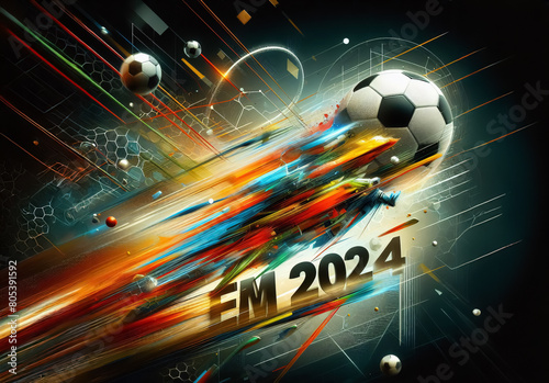 Ein Fußball fliegt mit großer Dynamik quer durch das Bild, Aufschrift EM 2024