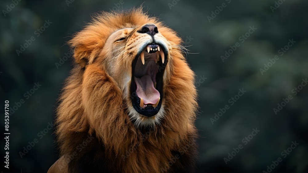 Fototapeta premium Majestic male lion roaring with open mouth against dark background. Concept Wildlife Photography, Animal Portraits, Male Lion, Roaring, Dark Background