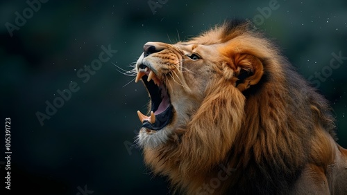 Fierce male lion roaring with open mouth against dark background. Concept Wildlife Photography  Lion Roar  Intense Moment  Dark Background  Majestic Animal