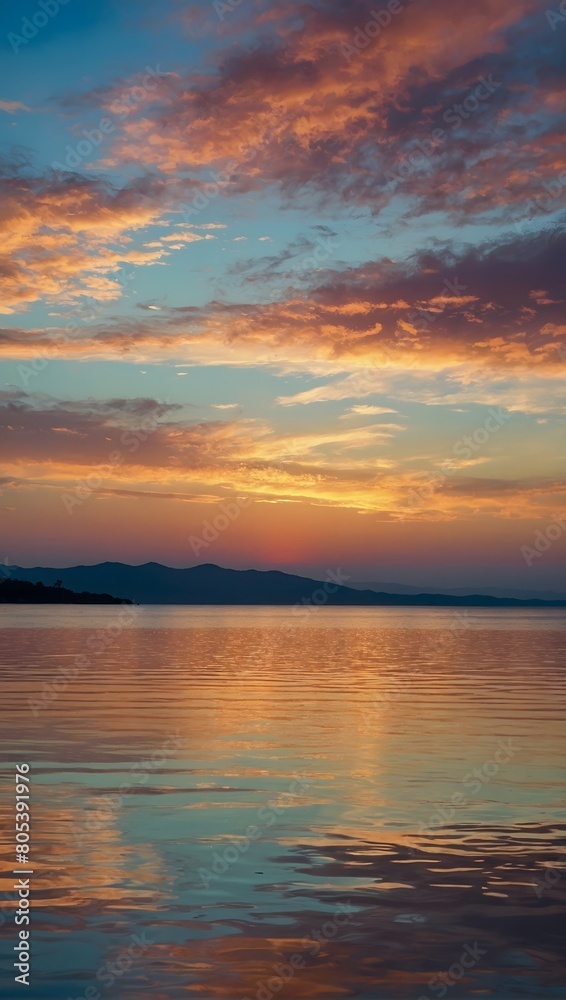 Nature's Canvas, Experience the Spectacular Serenity of an Abstract Ocean Scene, where the Sunrise Sky Mirrors its Majesty in the Calm Waters below, Bathed in Sunset Hues. Nature's Canvas, Experience the Spectacular Serenity of an Abstract Ocean Scene, where the Sunrise Sky Mirrors its Majesty in the Calm Waters below, Bathed in Sunset Hues.