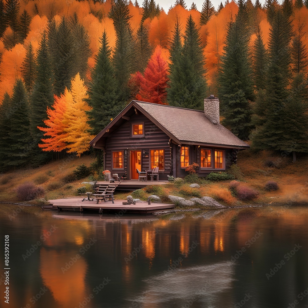 Fototapeta premium A cozy lakeside cabin with a crackling fire, surrounded by tall pine trees