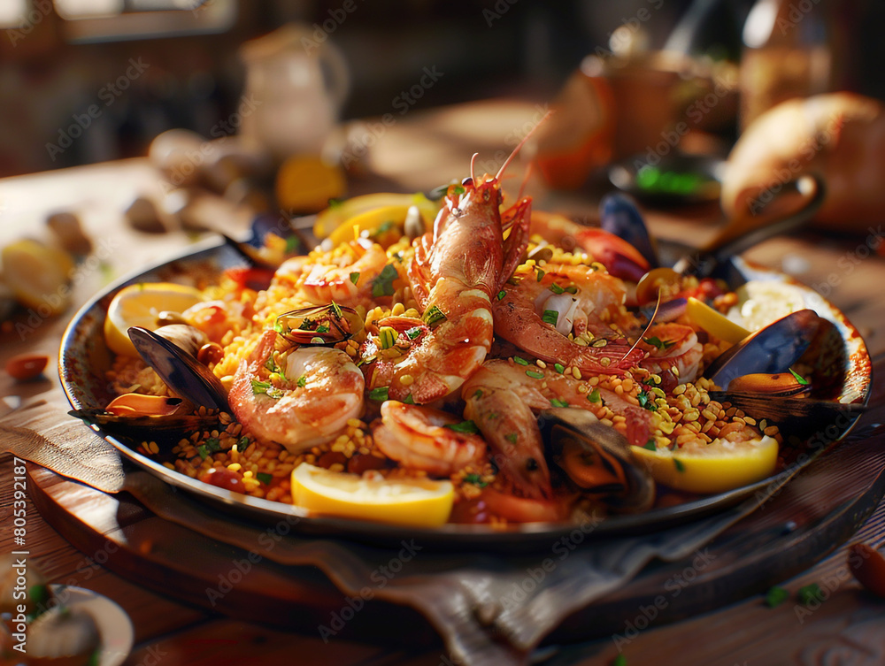 A plate of Spanish seafood paella, served on a wooden table. Beautiful morning light. A plate of Spanish seafood paella, served on a wooden table. Beautiful morning light.