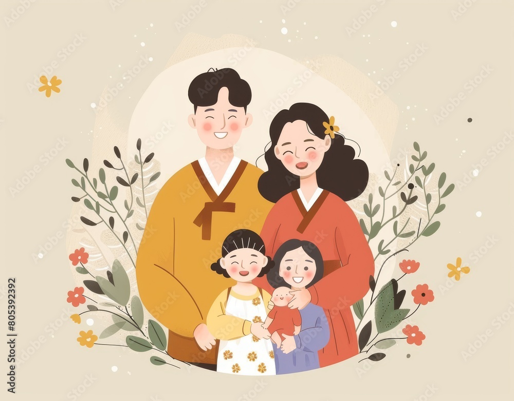 The family is smiling and posing for a greeting picture frame with flowers in the background. They look happy and are sharing a gesture of love within a rectangle art The family is smiling and posing for a greeting picture frame with flowers in the background. They look happy and are sharing a gesture of love within a rectangle art