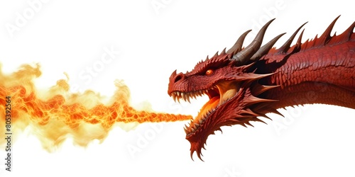 A large, fierce red dragon with sharp teeth and horns breathing fire against a background of flames and smoke